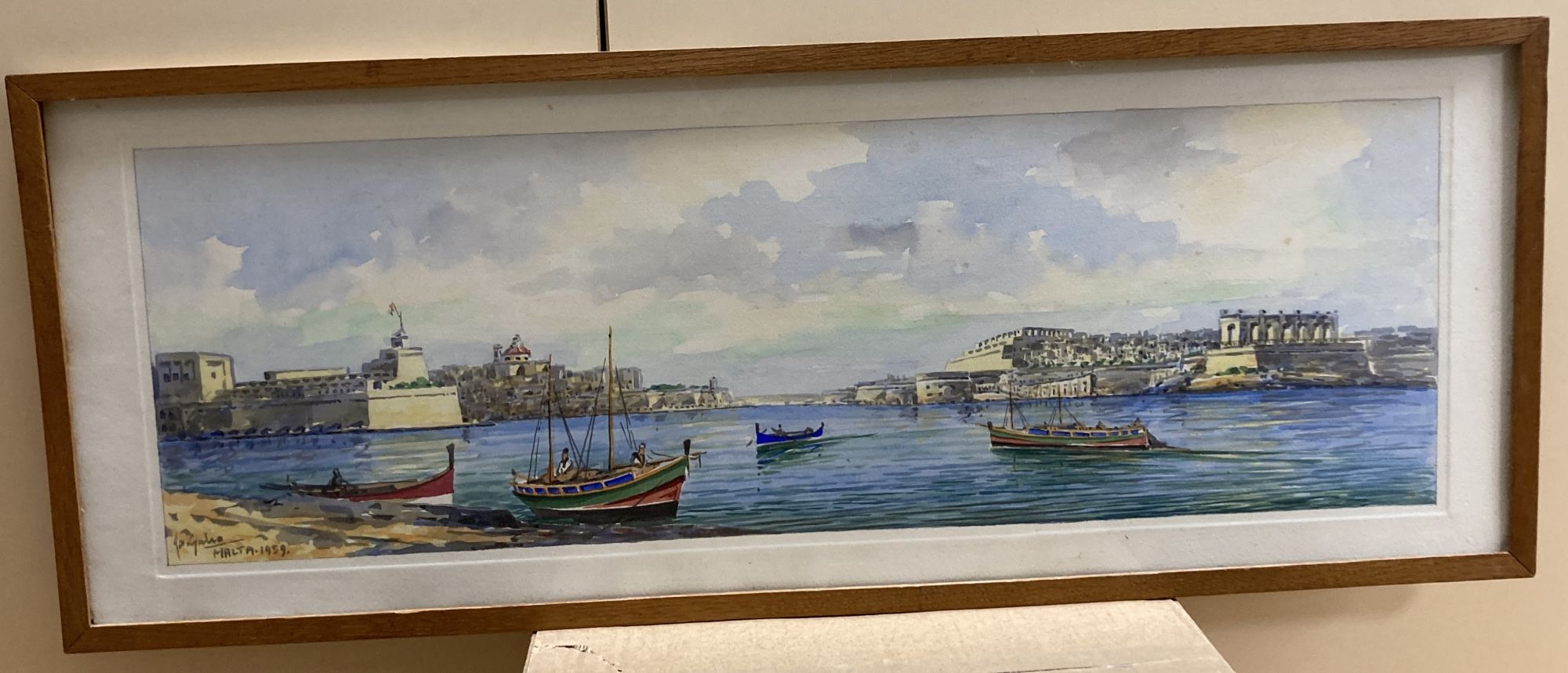 J. Galea, pair of watercolours, Views of Valetta harbour, Malta, signed and dated 1959, overall 24 x 66cm